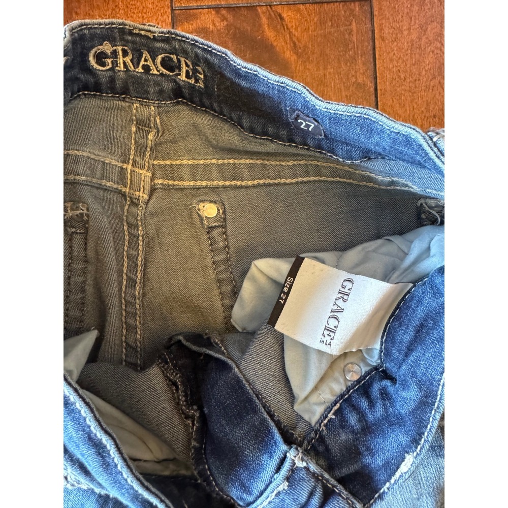 Grace in LA Women 27 Flare Jeans Medium Wash Embellished Raw Hem Western Rodeo - Picture 5 of 8